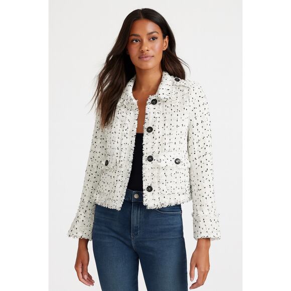 Dolce Cabo Double-Breasted Tweed Fringe Blazer White Black Size Large - Picture 1 of 8